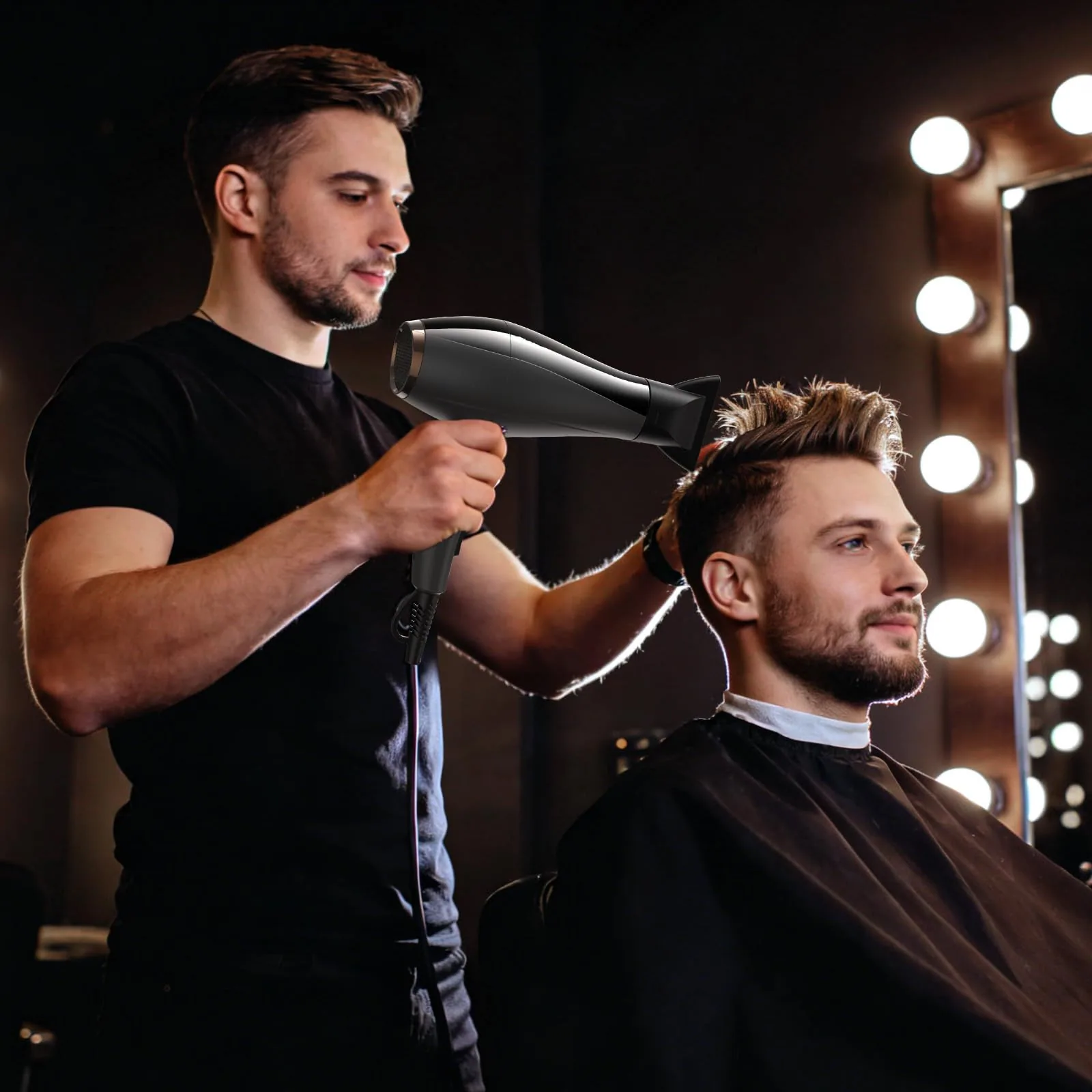 A barber drying a client's hair with the CONFU 1875W AC motor salon dryer