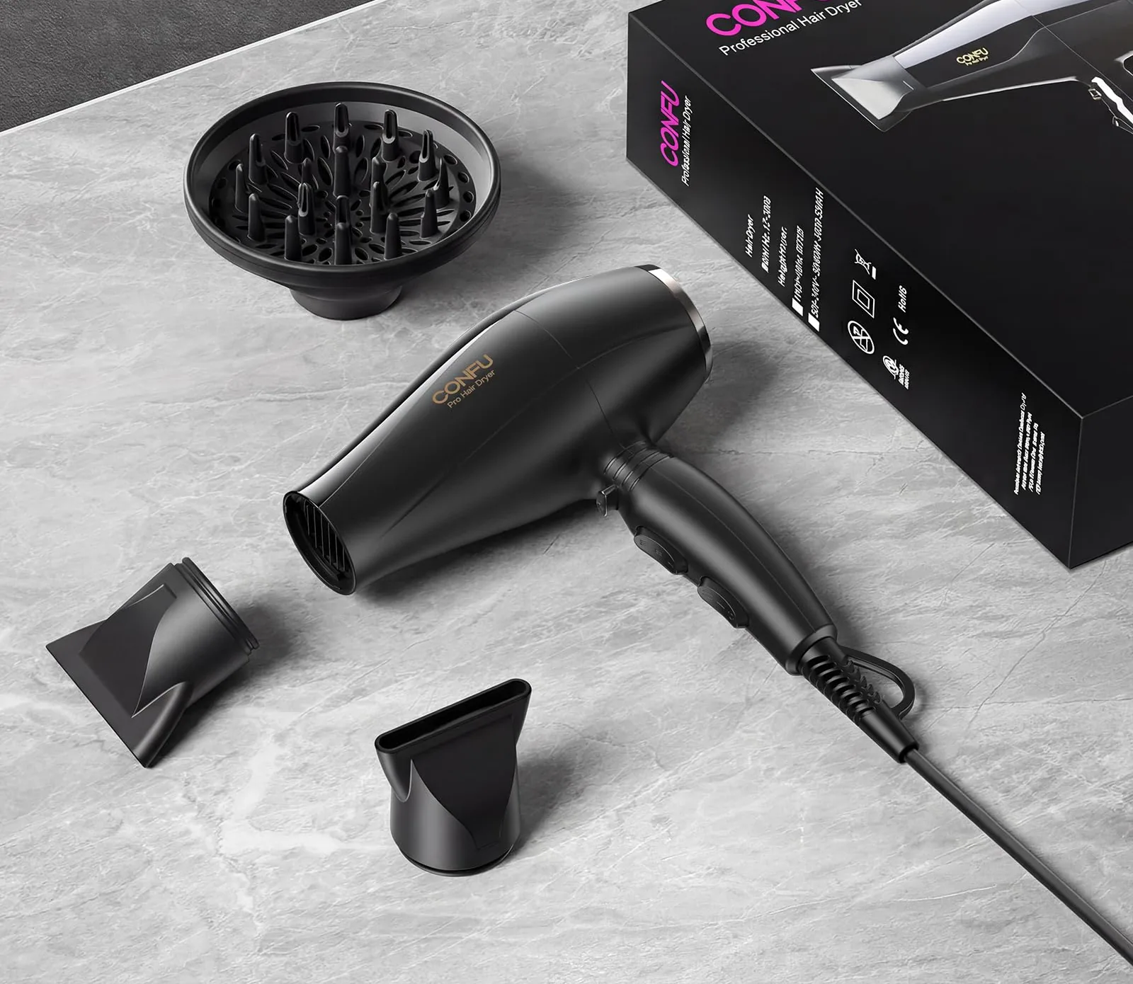 The CONFU 1875W AC motor dryer with its box, diffuser and two concentrator nozzles