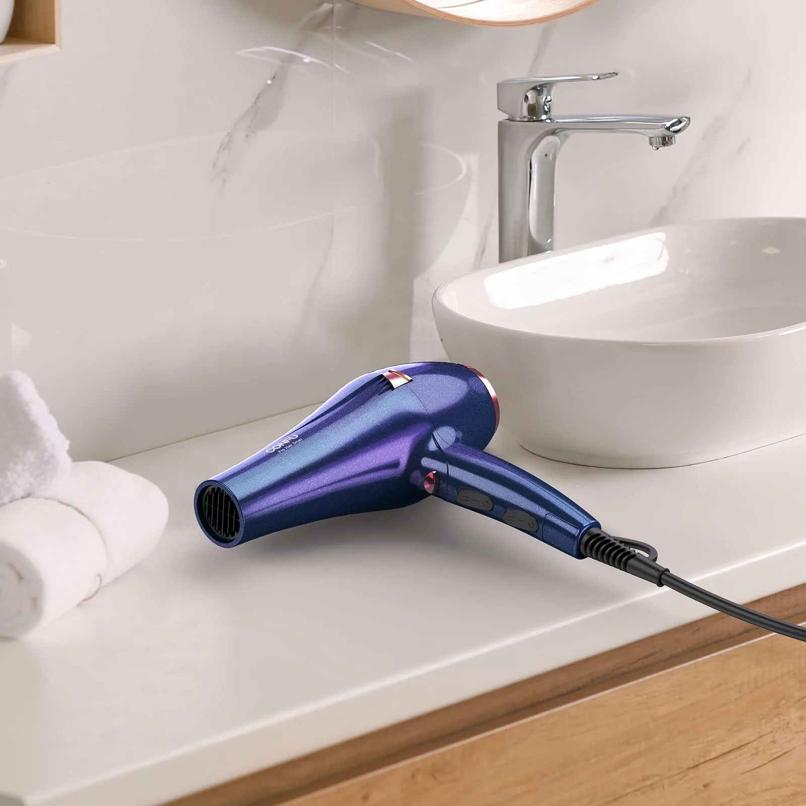 The purple CONFU Pro Salon hair dryer on a bathroom counter