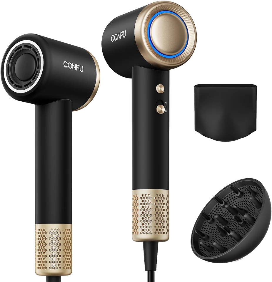 High-Speed Ionic Hair Dryer F11 with its magnetic concentrator, magnetic diffuser