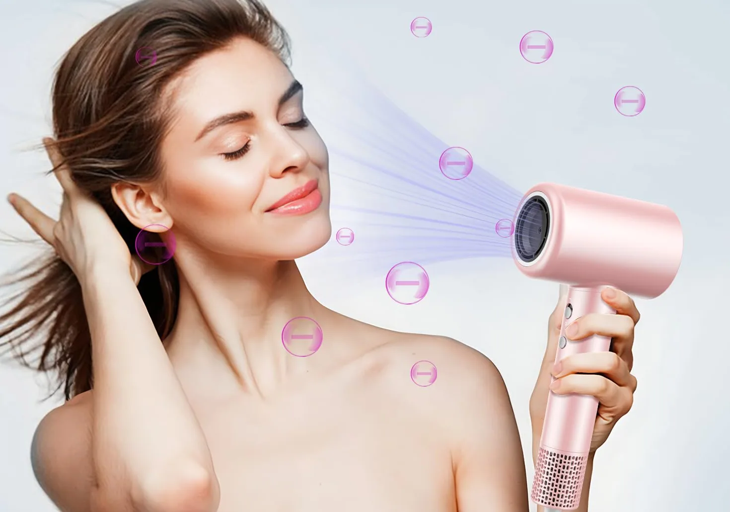 A woman drying her hair with the pink CONFU K13 high-speed dryer