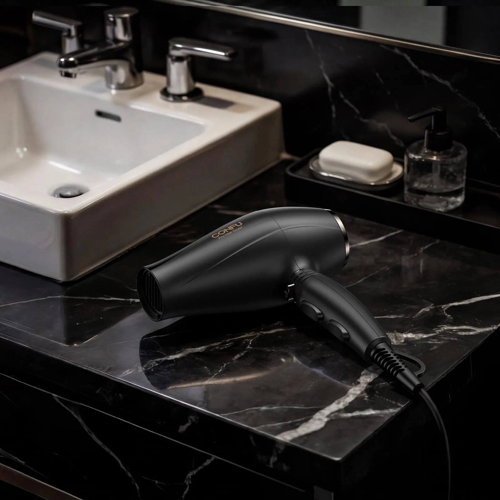 The CONFU 1875W AC motor hair dryer lying on a black marble vanity