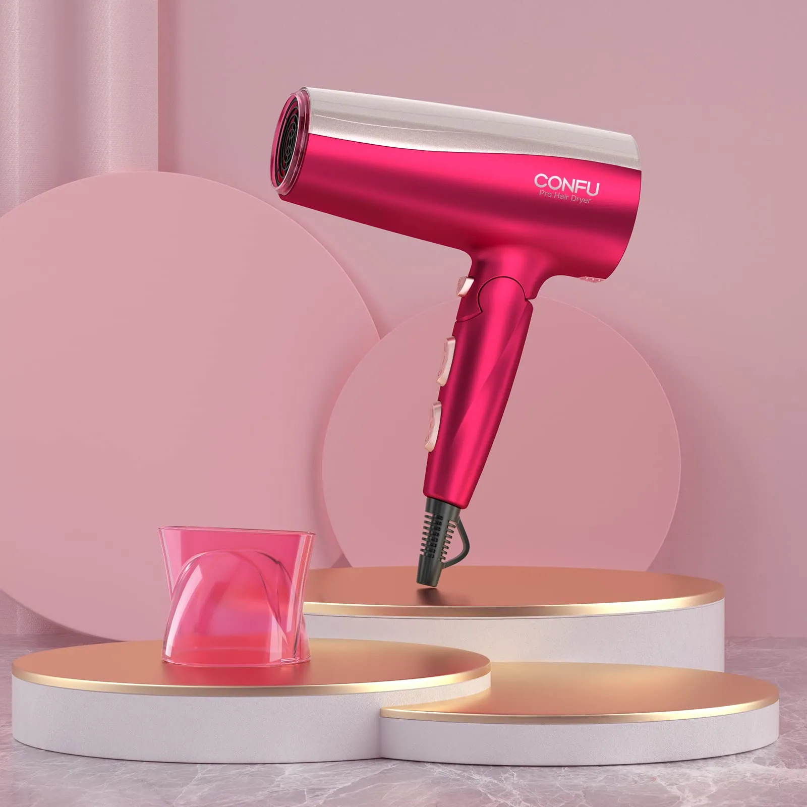 The red CONFU foldable 1875W dryer and its concentrator on a display stand