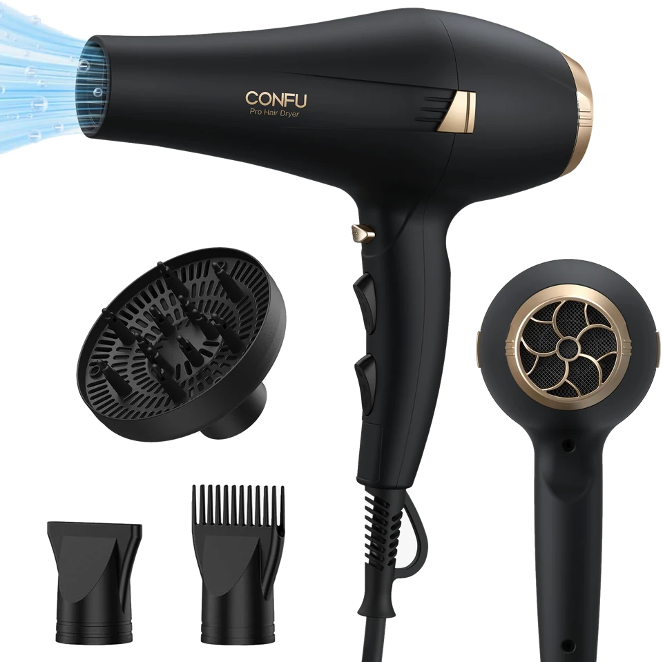 Pro Salon Ionic Hair Dryer with its concentrator, diffuser, comb nozzle