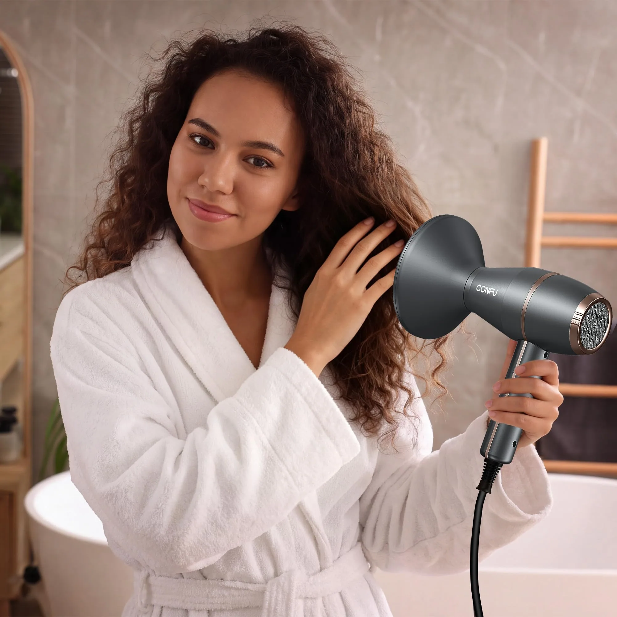 A woman drying curls with the CONFU 1875W ionic dryer and its diffuser