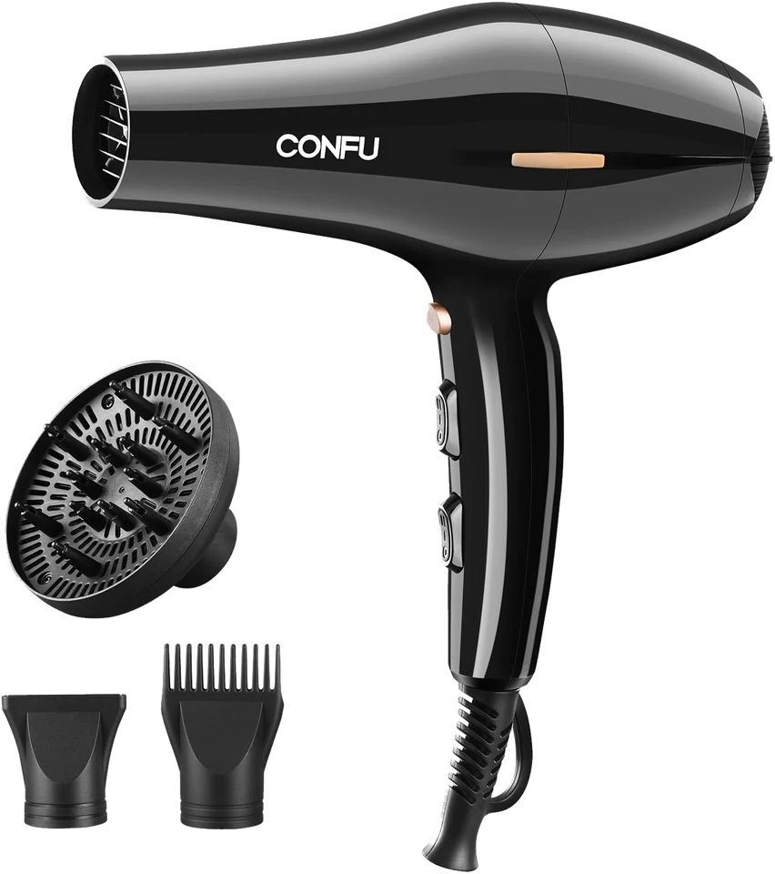 1875W Salon Ionic Hair Dryer with its concentrator, diffuser, comb nozzle