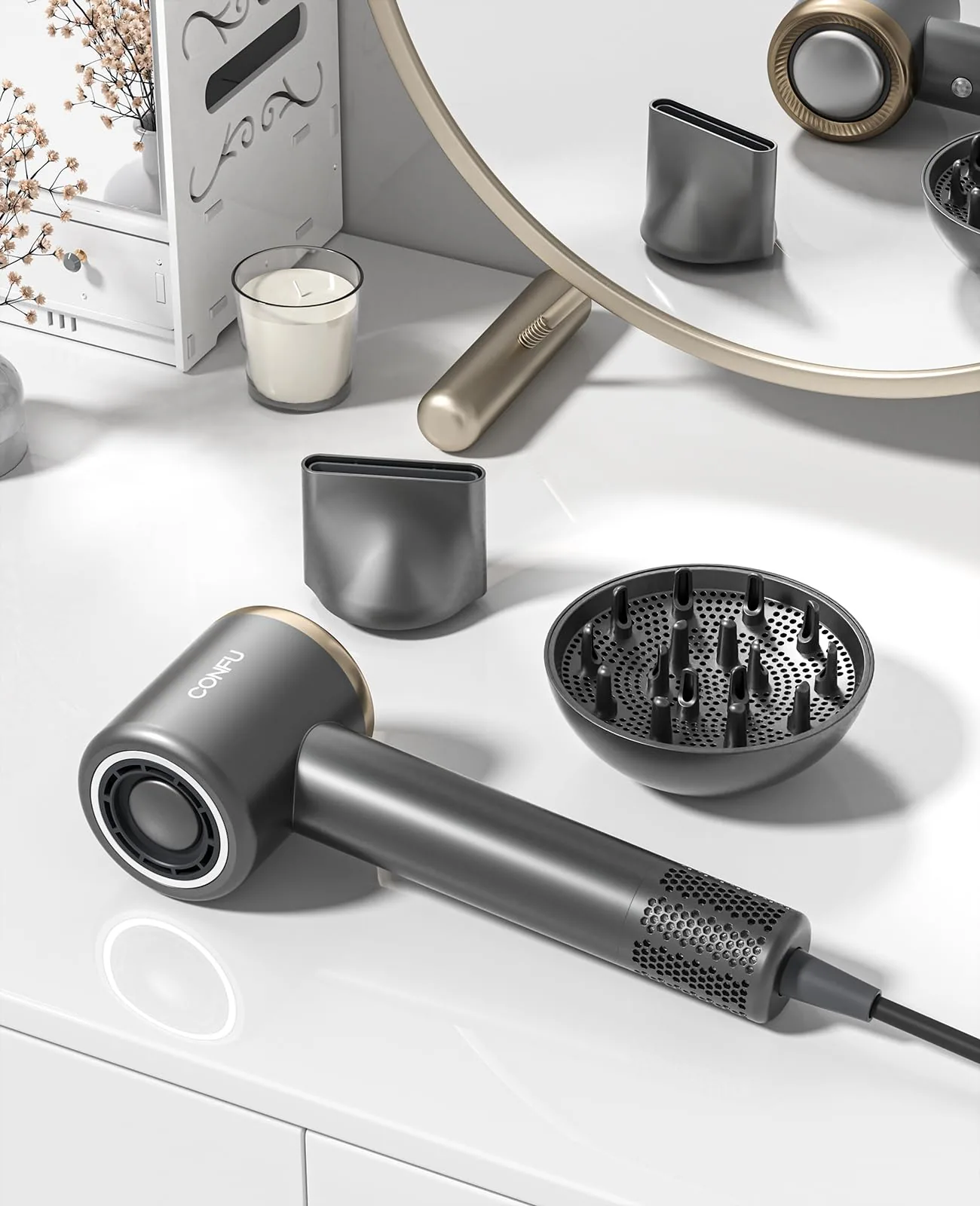 The grey CONFU F11 high-speed dryer on a vanity with its magnetic attachments