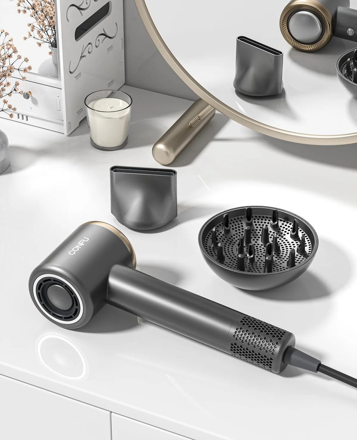 The grey CONFU F11 high-speed dryer on a vanity with its magnetic attachments