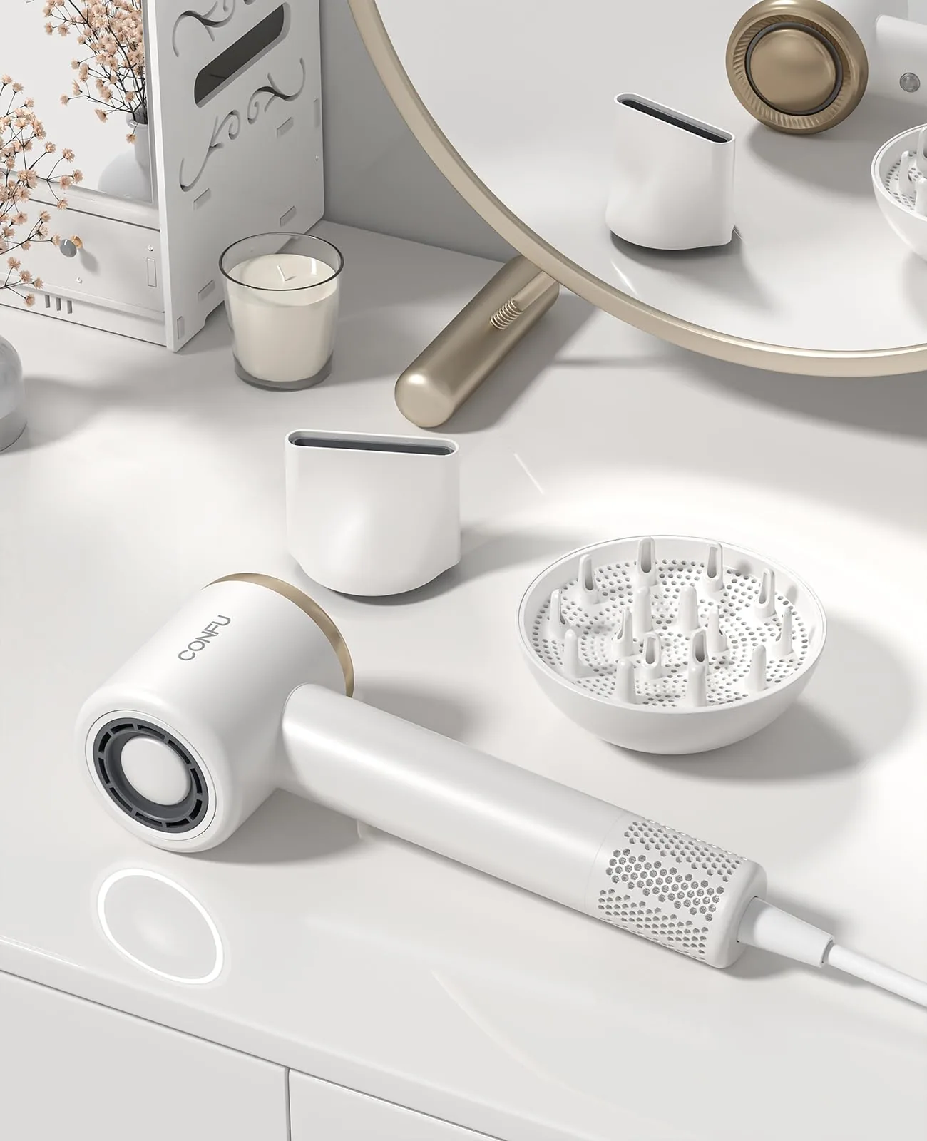 The white CONFU F11 high-speed dryer on a vanity with its magnetic diffuser and concentrator